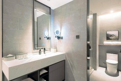 武汉武汉光谷广场杨家湾亚朵酒店的一间带水槽、卫生间和镜子的浴室