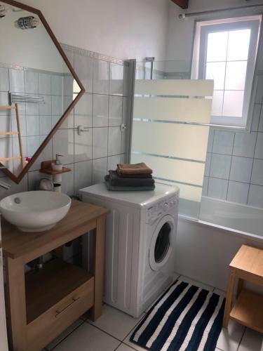 沙特拉永普拉日Appartement Arc en Ciel的一间带盥洗盆的浴室内的洗衣机