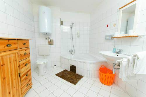 格拉茨祖尔斯特里斯特博酒店的带浴缸、卫生间和盥洗盆的浴室