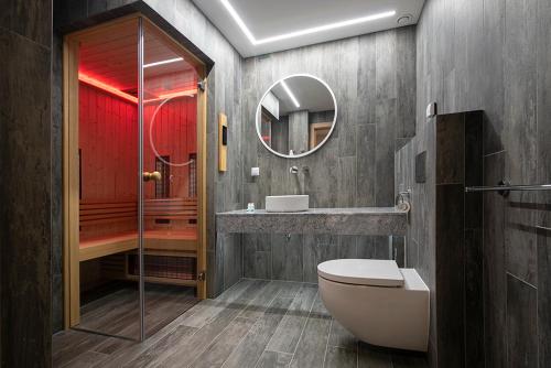 维斯瓦彩虹山公寓的一间带卫生间、水槽和镜子的浴室