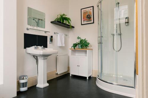 斯卡伯勒Rowntree Lodge的一间带水槽和淋浴的浴室