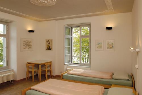 Richterswil里希特斯维尔青年旅舍的客房设有两张床、一张桌子和窗户。