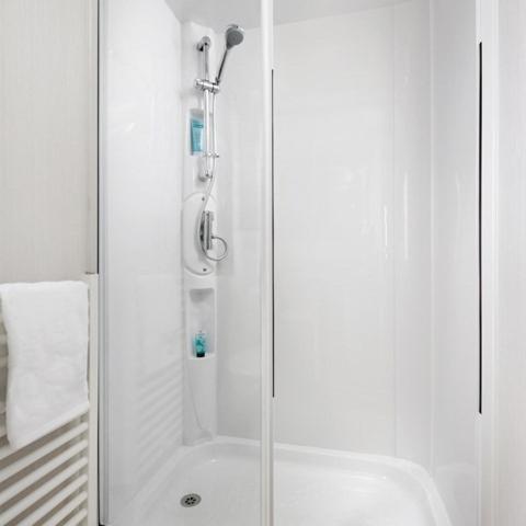 阿伯劳尔The Dram Van - Beautiful, luxury static caravan的浴室里设有玻璃门淋浴