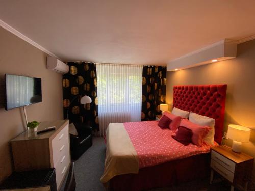 巴克乌Garsoniera Riviera的一间卧室配有一张红色床头板的床