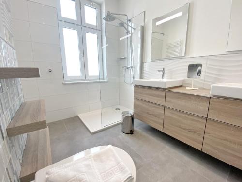萨斯尼茨Villa Jenny Sassnitz Villa Jenny - Appartement 3的一间带水槽、卫生间和镜子的浴室