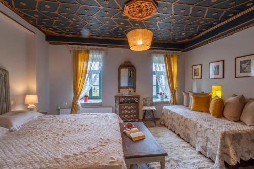 埃拉蒂扎戈里Shamrock Elati Retreats的一间卧室设有两张床和格子天花板