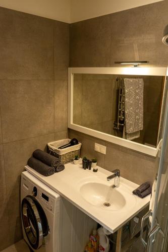 利耶帕亚Cozy Apartment at Central Market - Liepajas heart的一间带水槽和镜子的浴室