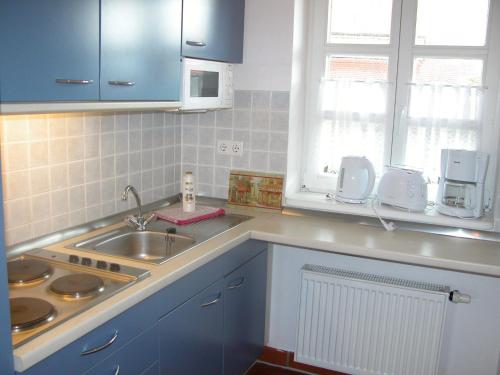 KreptitzFerienparadies Rugana D09的厨房配有蓝色橱柜和水槽
