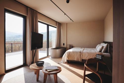 德意志兰茨贝格Boutiquehotel DAS ZEITWERT的一间卧室设有一张床、一台电视和一个大窗户。