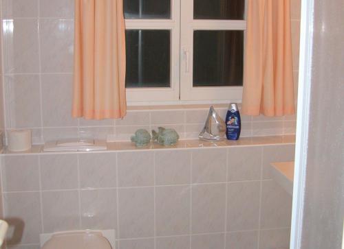 KreptitzFerienparadies Rugana B48的一间带卫生间的浴室和一个带橙色窗帘的窗户。