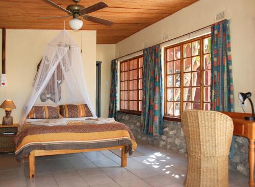 ManguziKosi Moon Bed and Breakfast的一间卧室配有一张床和吊扇