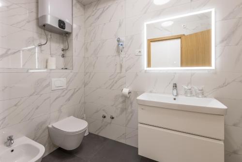 珀德垂那塞内塔旅馆的白色的浴室设有水槽和卫生间。