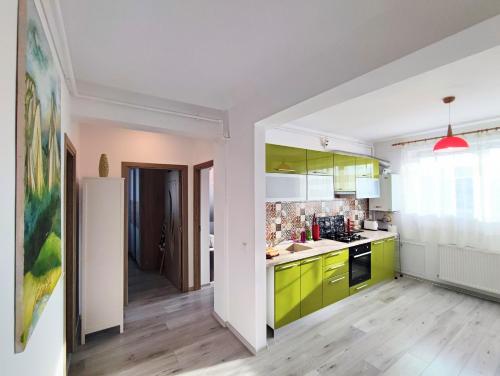 弗洛雷什蒂Quiet and Cozy 2 bedroom flat with free parking included的厨房设有黄色和绿色的橱柜和走廊