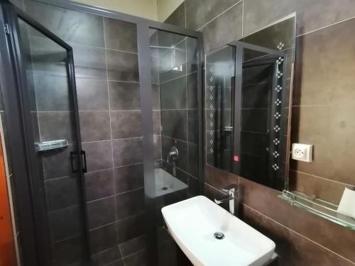 蒙舒瓦西毛里求斯舒瓦西旅馆的一间带水槽、淋浴和镜子的浴室