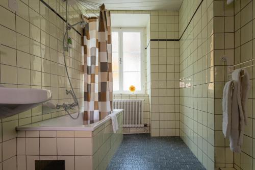 毛特恩Grüner Baum Wachau - Retro Frühstückspension的带浴缸、水槽和窗户的浴室