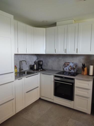 MainleusFerienwohnung Maintalblick的白色的厨房配有白色橱柜和水槽