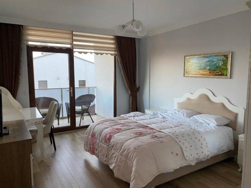 埃利特温泉Private villa in Yalova/Thermal, with heated pool的一间卧室配有一张床、一张书桌和一个窗户。