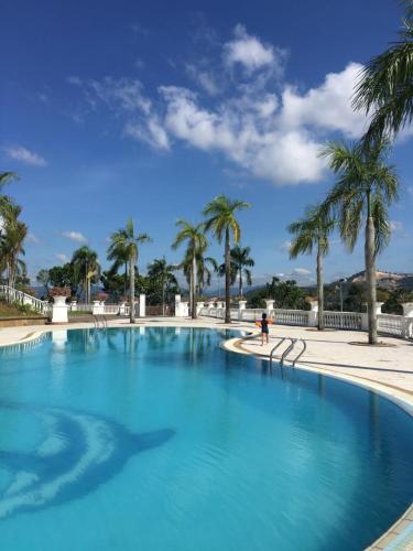 瑟纳旺Spanish Villa homestay的一座棕榈树环绕的大型游泳池