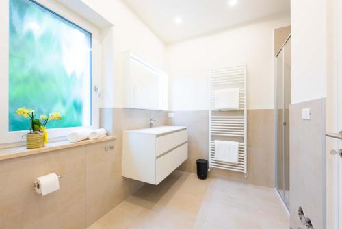 梅拉诺Meranosuites - Therme的一间带水槽和淋浴的浴室以及窗户。