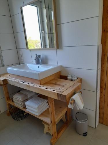 魏克尔斯海姆LAND-Häusle的一间带水槽和镜子的浴室