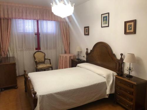 拉科萨Piso centro de Raxò的一间卧室配有一张床、一把椅子和一个吊灯。