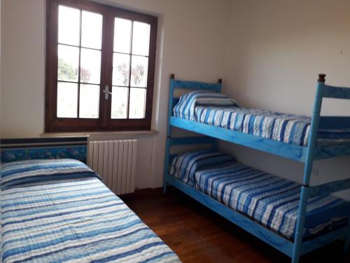 奇维泰拉-德尔特龙托Villino Sabina的带窗户的客房内的2张蓝色双层床