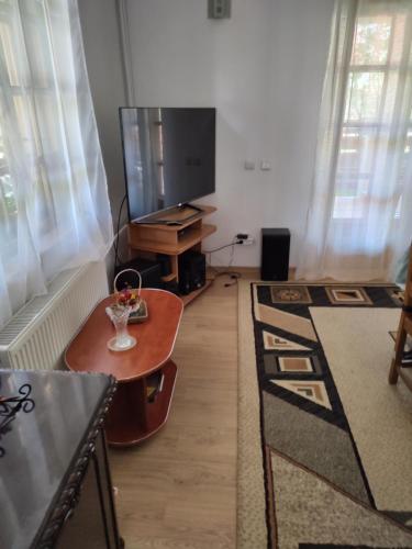 锡纳亚Poiana dintre Brazi Chalet, Bucegi Panorama的客厅配有平面电视和桌子。