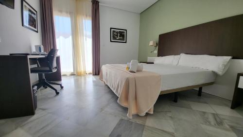 赫雷斯-德拉弗龙特拉Hotel La Parra的一间卧室配有一张带桌子和一张书桌的床。