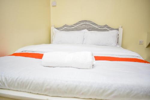 奈瓦沙Luna Light Guest House的白色的床,配有红色和白色的床单和枕头