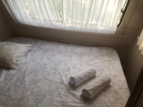阿莱里亚La Ferme de Rotani的房间里的床上有两卷卫生纸