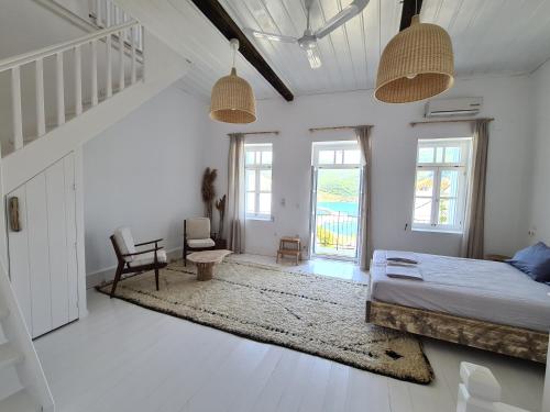 帕诺尔莫斯斯科派洛斯Townhouse Christos的一间卧室配有一张床、一把椅子和窗户。