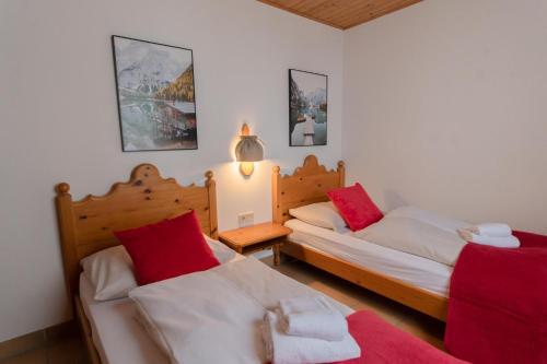 特雷芬Apartment Panorama Gerlitzen的一间卧室配有两张带红色枕头的床