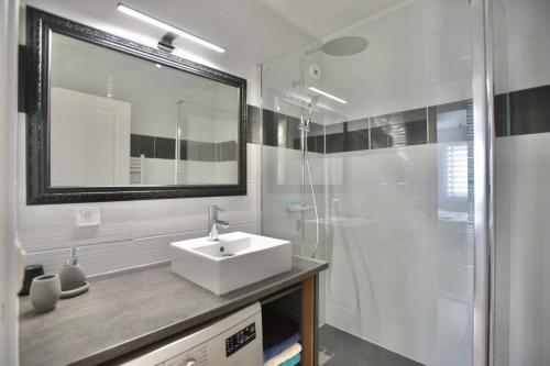 勒卡内Le Cannois的白色的浴室设有水槽和淋浴。