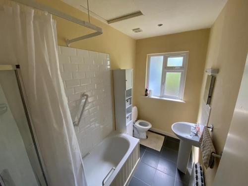 科克2 BED WATERFRONT PROPERTY - CLOSE TO COURTMACSHERRY的带浴缸、卫生间和盥洗盆的浴室