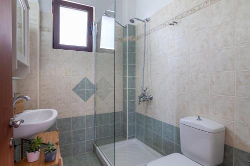马鲁拉斯Villaki的带淋浴、卫生间和盥洗盆的浴室