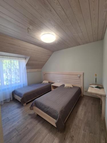 罗亚Viesu nams UPE的配有木天花板的客房内的两张床