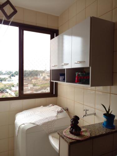 乌贝兰迪亚Apartamento Aconchegante com Estacionamento的一间带卫生间、水槽和窗户的浴室