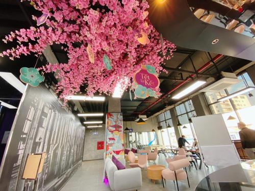 和平SOJO Hotel Hoa Binh的天花板上挂着粉红色花的房间