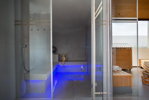 多恩比恩hirschen dornbirn - das boutiquestyle hotel的带淋浴和蓝色浴缸的浴室