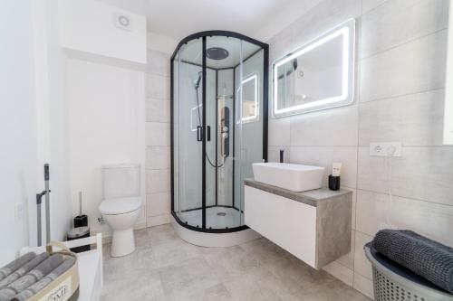 希卢泰Apartamentai Muzika的带淋浴、盥洗盆和卫生间的浴室