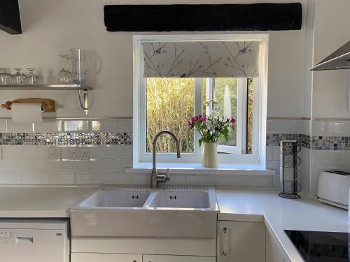 利斯卡德Swift Cottage的白色的厨房设有水槽和窗户