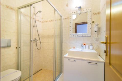 弗尔萨尔Hotel Villa Vrsar的带淋浴、盥洗盆和卫生间的浴室