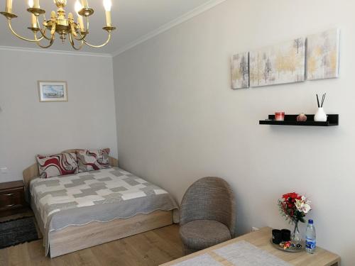 希奥利艾Šiauliai City Apartment的一间卧室配有一张床、一把椅子和一张桌子