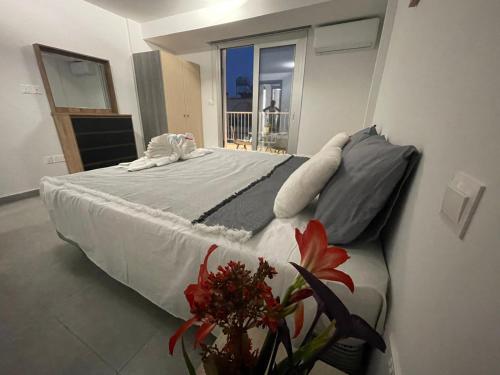 阿依纳帕Serene Napa Suite的窗户客房内的一张大床