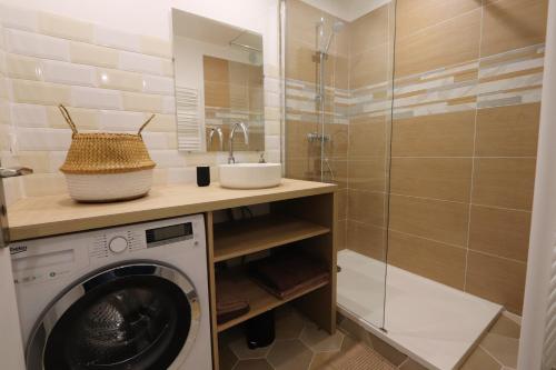 格雷乌莱班Studio tout confort - Climatisation, parking, wifi的一间带洗衣机和水槽的浴室