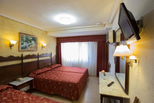 萨拉曼卡雷耶斯卡托里克斯酒店的酒店客房设有两张床和一台平面电视。