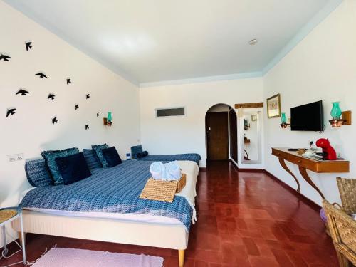 圣布拉什迪阿尔波特尔Casa Santo António的一间卧室配有一张蓝色床单,墙上有黑色鸟类。
