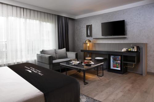 安卡拉The Wings Hotels Neva Palas的酒店客房配有床、沙发和电视。