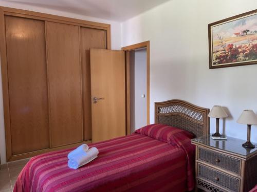 阿尔沃尔Apartamentos Santa Teresinha的一间小卧室,配有一张带红色毯子的床