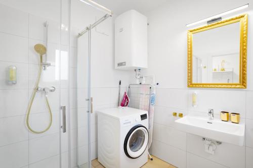 菲拉赫CT-GOLD Apartments - Villach Malina - nahe Atrio und Therme的一间带洗衣机和水槽的浴室